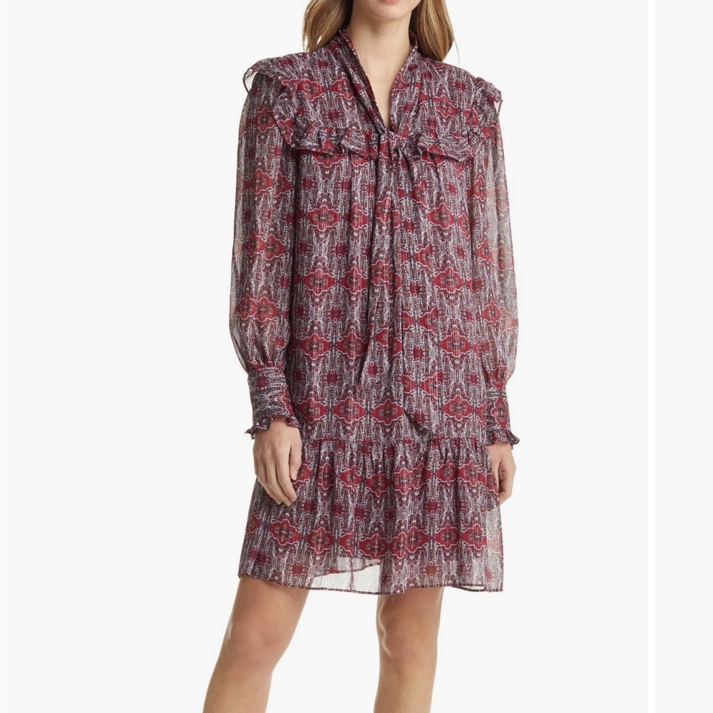 Ruffle Tie Neck Long Sleeve Dress